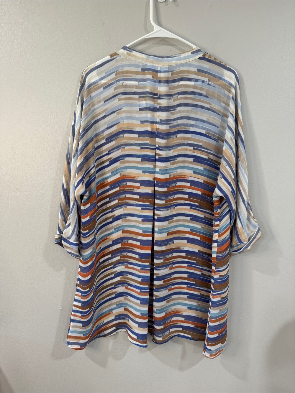 Nic + Zoe Blue, Brown Orange Striped V-Neck longline Tunic blouse boho chic - Picture 5 of 7